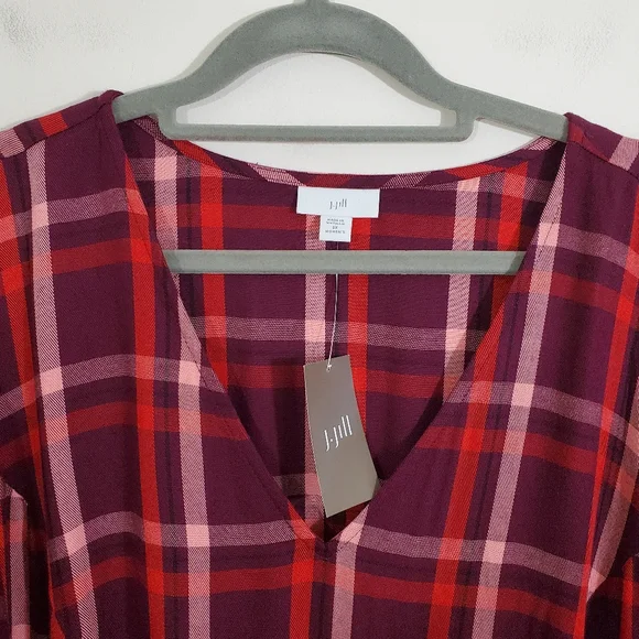 NWT J. Jill Dress Plaid Red Purple Short Sleeve Boho Midi Cabincore Preppy 3X - Picture 5 of 10